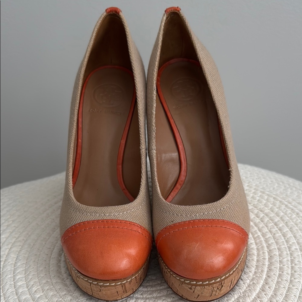 Tory Burch Tan and Orange Wedge Heels size 7